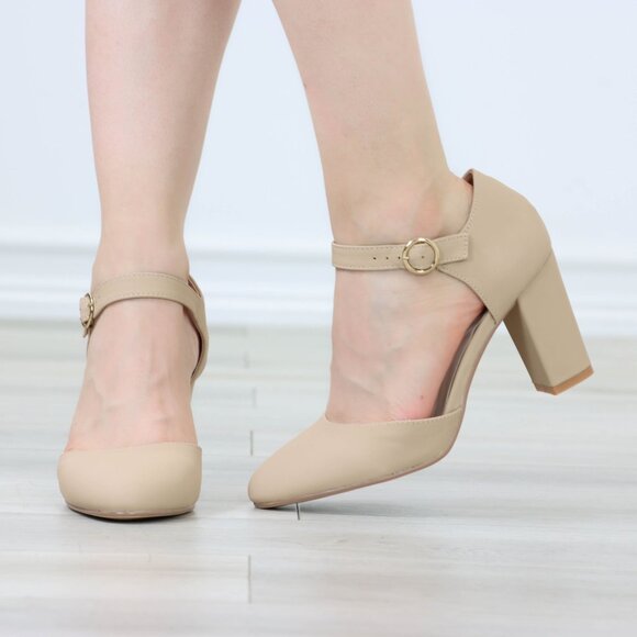 Beige High Heels Ankle Strap Almond Toe Block Classic Pumps Nubuck - Picture 8 of 12